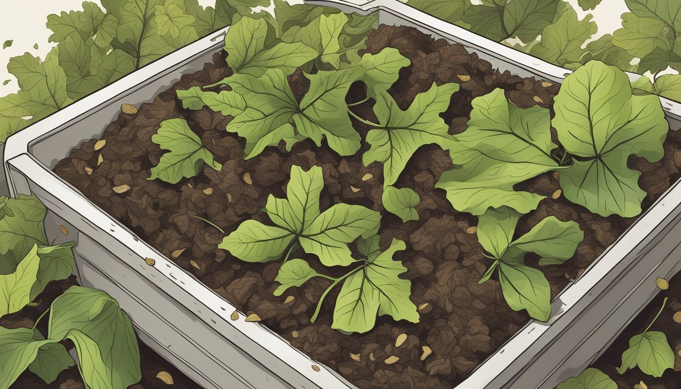 Composted Fig Leaves: A pile of fig leaves breaking down in a compost bin, surrounded by other organic waste