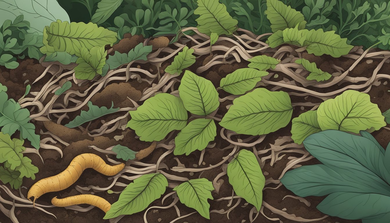 Evergreen leaves decomposing in a compost pile, surrounded by earthworms and microorganisms breaking down the organic matter