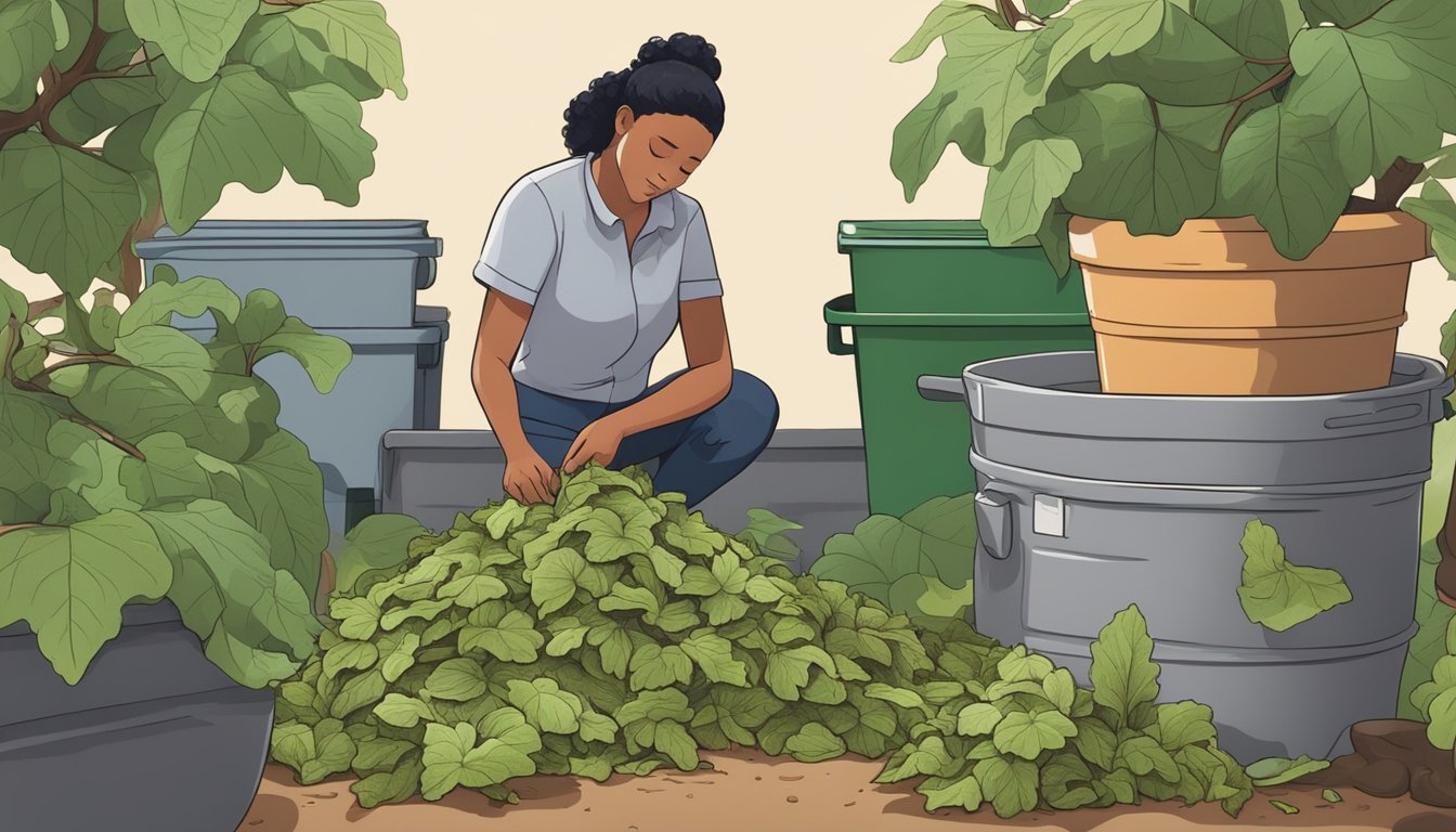 A pile of fig leaves surrounded by a compost bin, with a person adding them to the mix