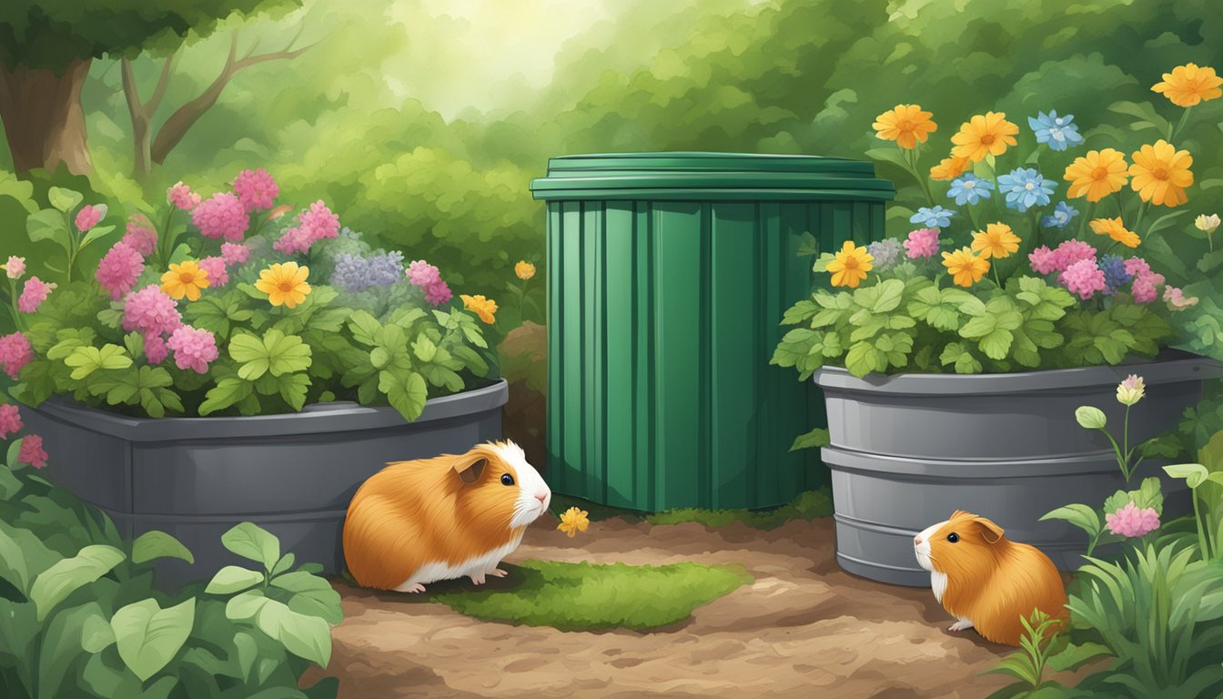 A compost bin filled with guinea pig poop and bedding, surrounded by a lush garden