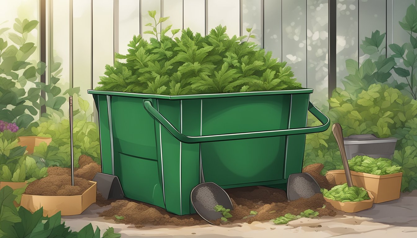 Evergreen leaves being layered in a compost bin with other organic materials, surrounded by a garden setting with a pitchfork and shovel nearby