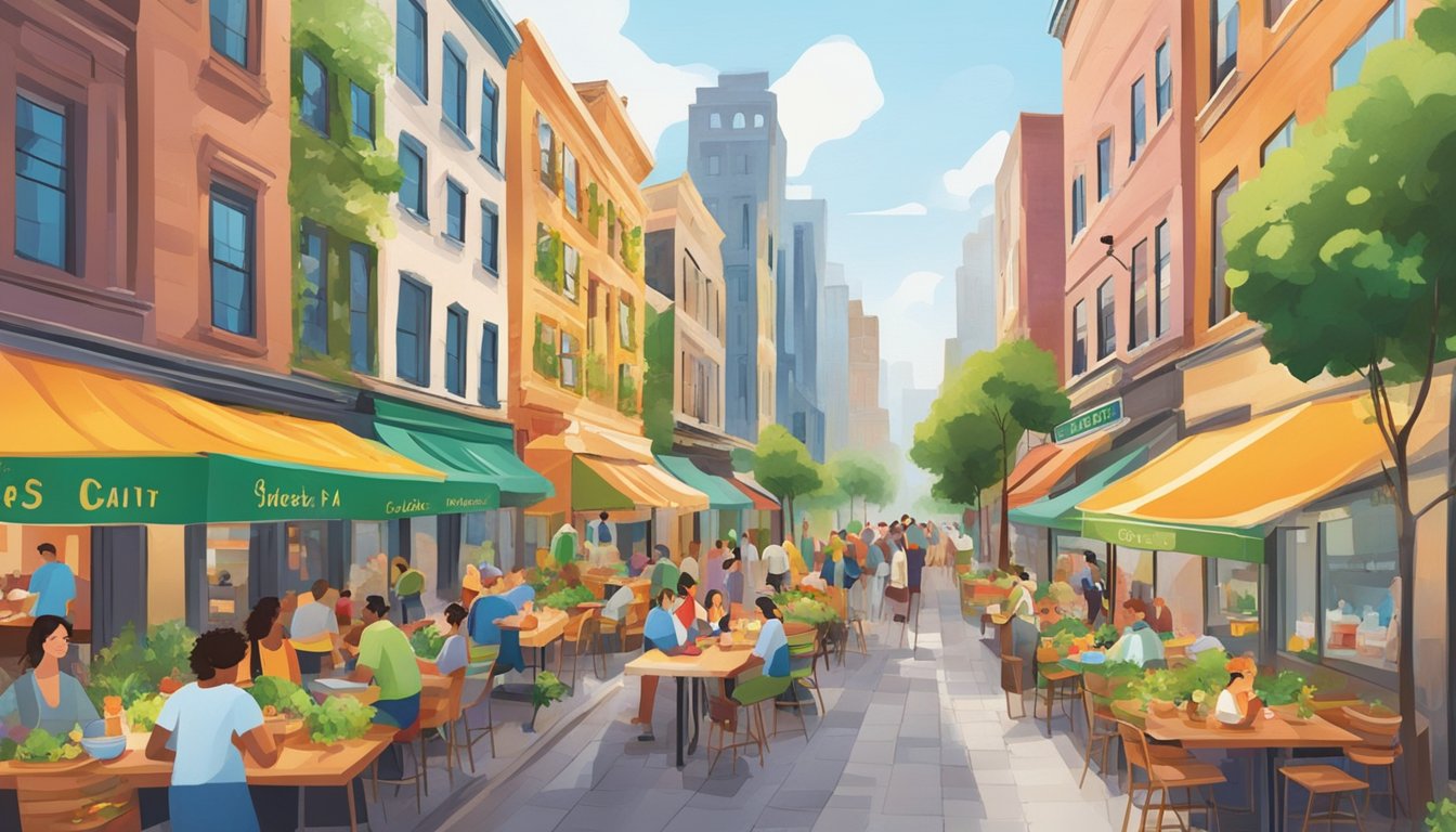 A bustling street lined with colorful, vibrant restaurants offering a variety of fresh, healthy food options. Outdoor seating and cheerful signage invite passersby to stop in and enjoy a nutritious meal