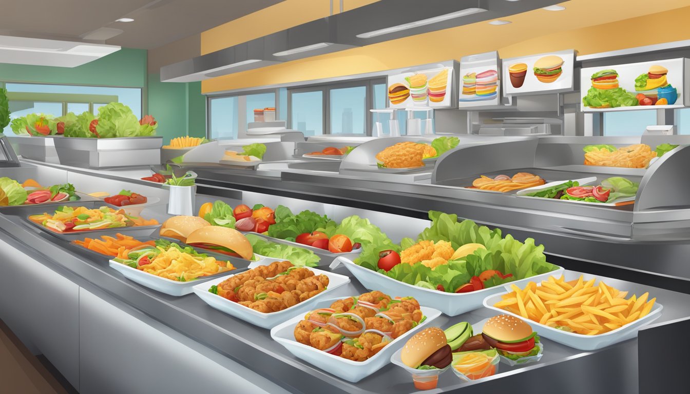 A fast food restaurant counter displaying a colorful array of fresh salads, grilled chicken wraps, and fruit cups alongside the usual burgers and fries