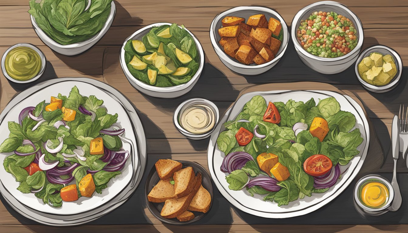 A table set with a variety of fresh salads, grilled vegetables, and lean protein options at Carrabba's. A menu board displays alternative dietary choices