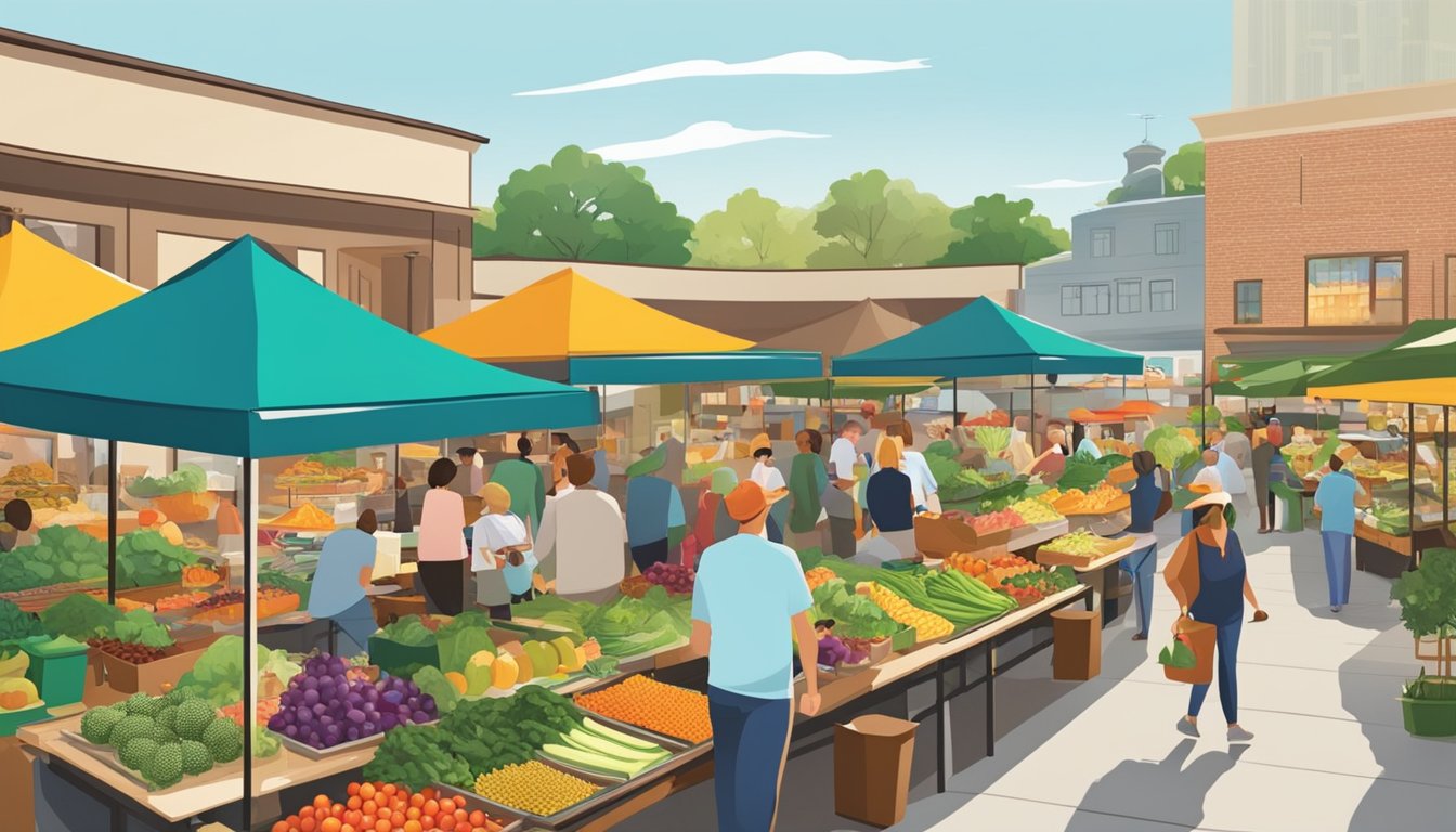 A bustling food market with colorful stalls offering fresh fruits, vegetables, and whole foods. Outdoor seating areas provide a welcoming space for patrons to enjoy their healthy meals