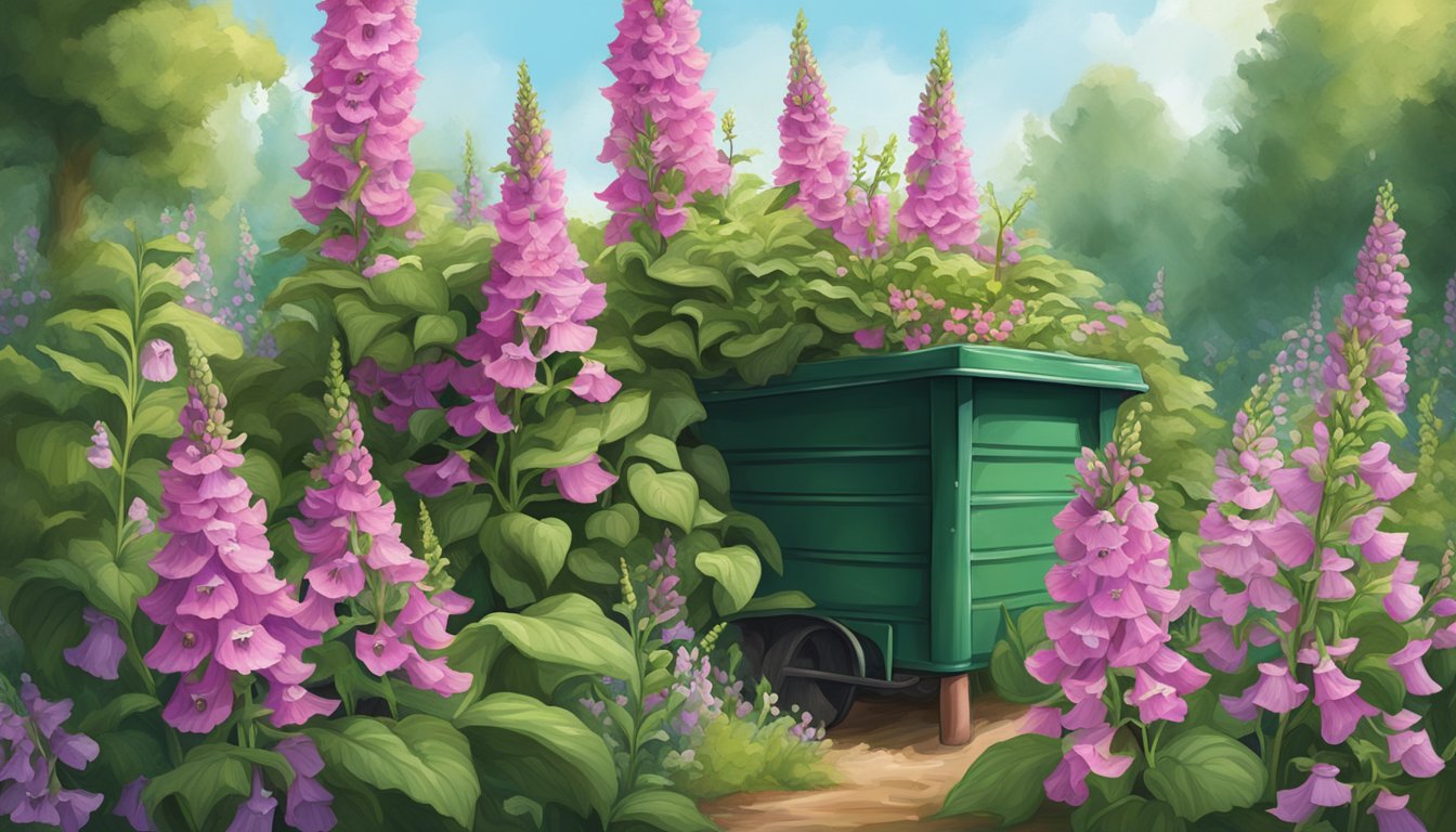 A compost bin surrounded by towering foxgloves, with their distinctive bell-shaped flowers and vibrant green leaves