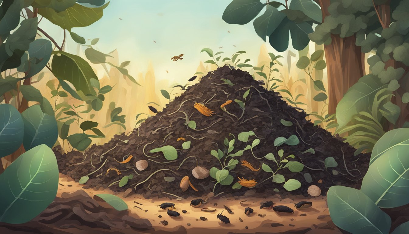 A pile of eucalyptus leaves surrounded by other organic waste, with earthworms and microorganisms breaking down the materials into rich, dark compost