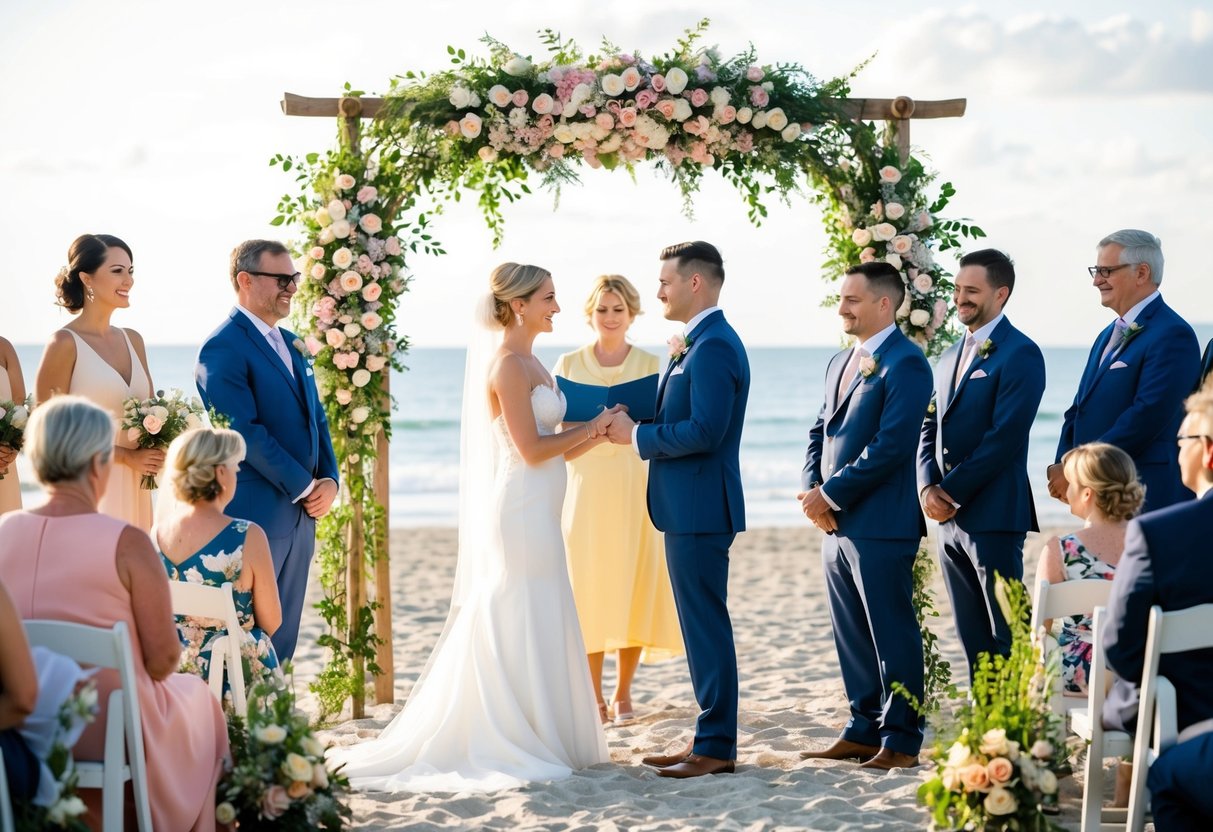 A scenic beach wedding with a couple exchanging vows under a floral arch, surrounded by family and friends