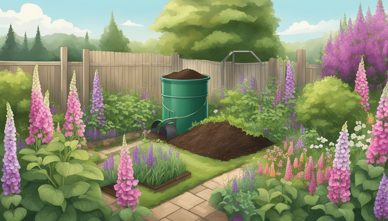 A garden with a compost bin surrounded by foxgloves, showing the process of composting for sustainability