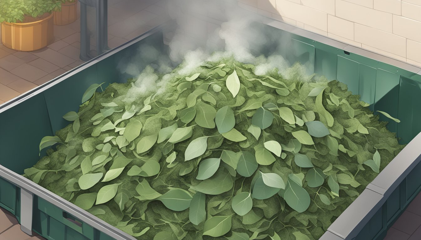 A pile of eucalyptus leaves mixed with other compostable materials in a large bin, with steam rising from the decomposing mixture