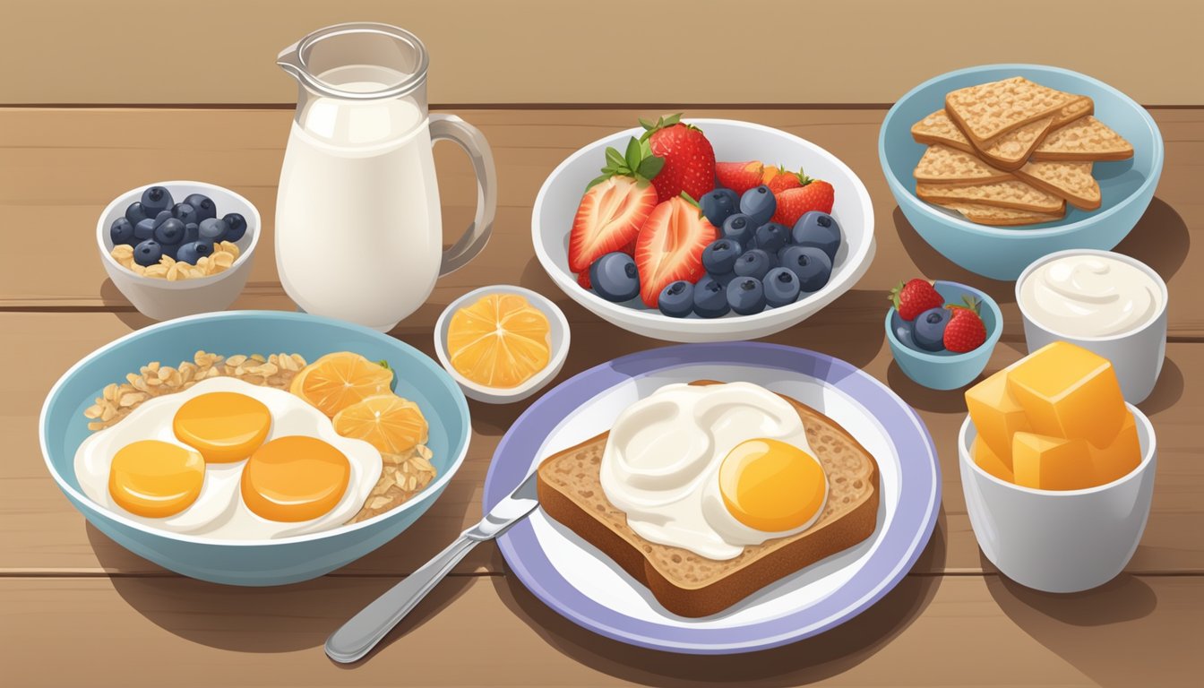 A table set with a variety of wholesome breakfast options, including fresh fruit, yogurt, oatmeal, and whole grain toast