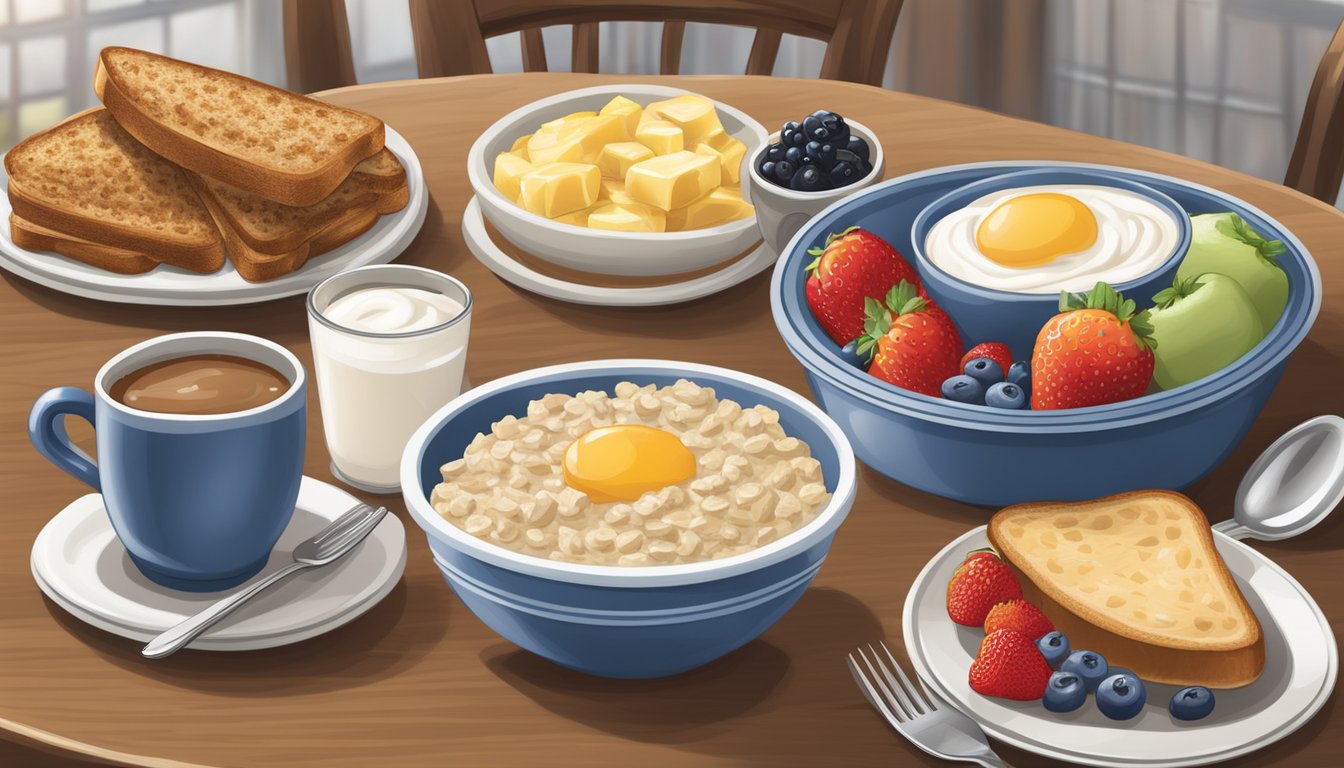 A table set with a variety of healthy breakfast options, including fresh fruit, yogurt, oatmeal, and whole grain toast, at a Cracker Barrel restaurant