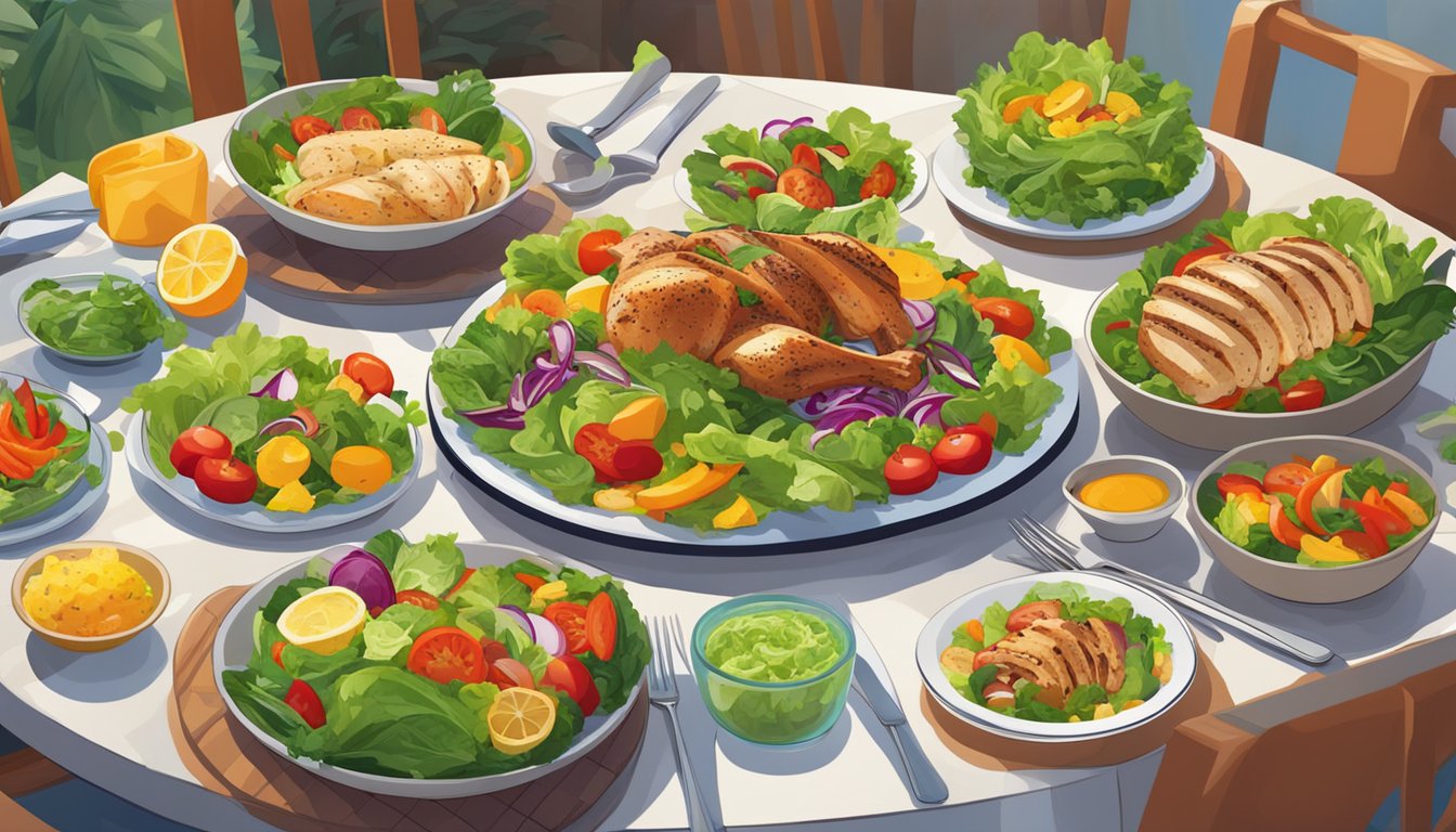 A table set with a colorful array of fresh salads, grilled chicken, and steamed vegetables, surrounded by vibrant, inviting decor