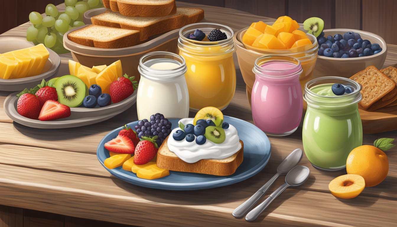 A colorful array of fresh fruit, yogurt parfaits, and whole grain toast displayed on a rustic wooden table at a Cracker Barrel breakfast