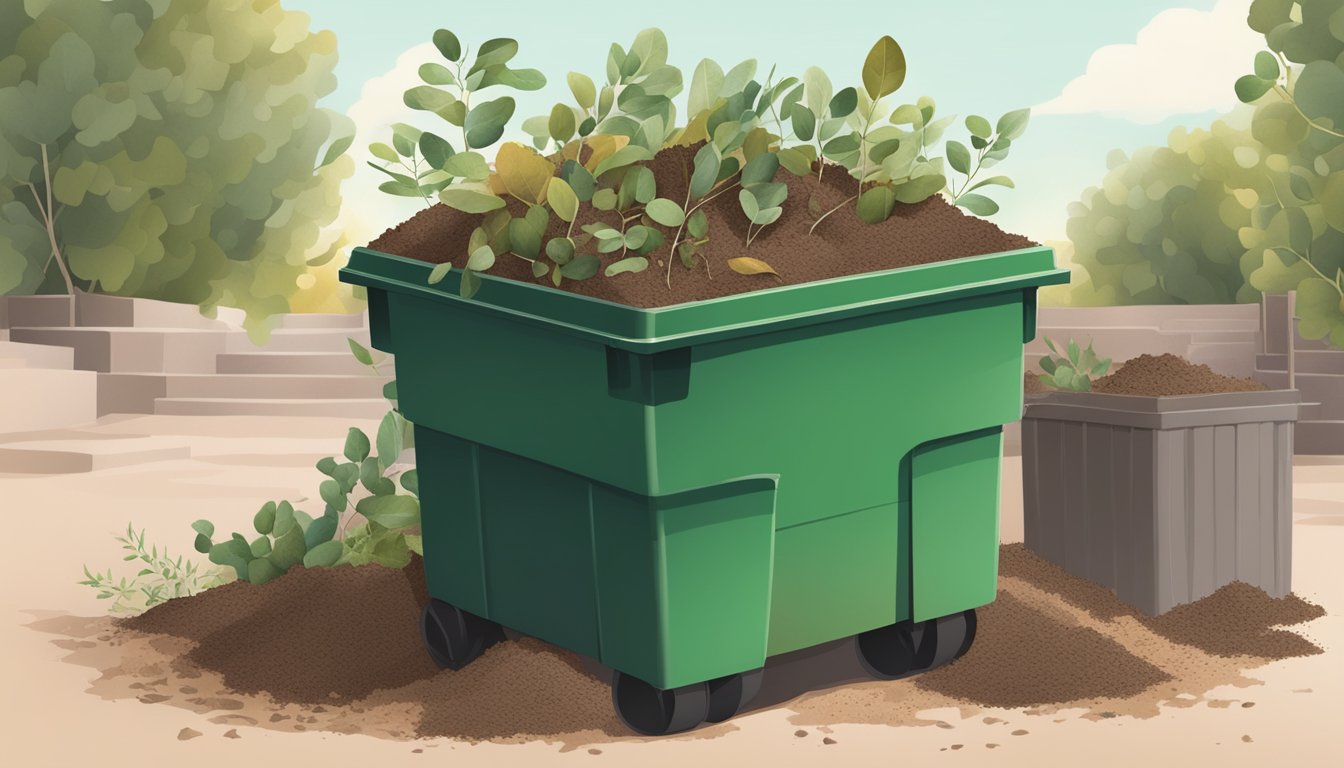 Eucalyptus leaves and twigs arranged in a compost bin surrounded by a mix of organic waste and soil