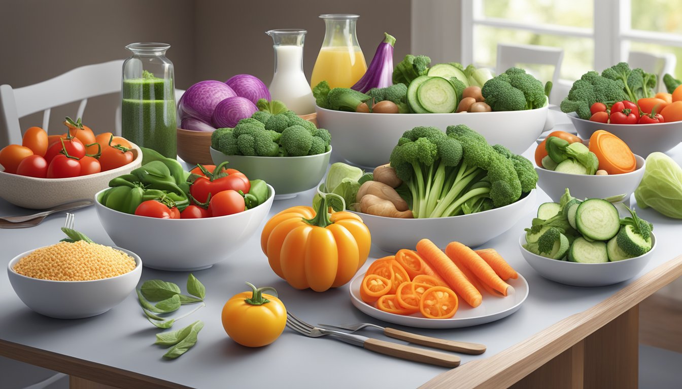 A colorful array of fresh vegetables and lean proteins displayed on a clean, modern table setting. A light and airy atmosphere with a focus on health and wellness