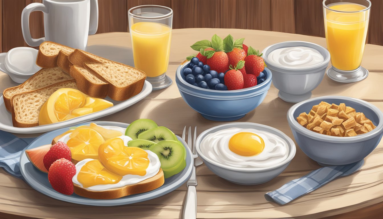 A table set with a colorful array of low-calorie breakfast options, including fresh fruit, yogurt, and whole grain toast, at Cracker Barrel