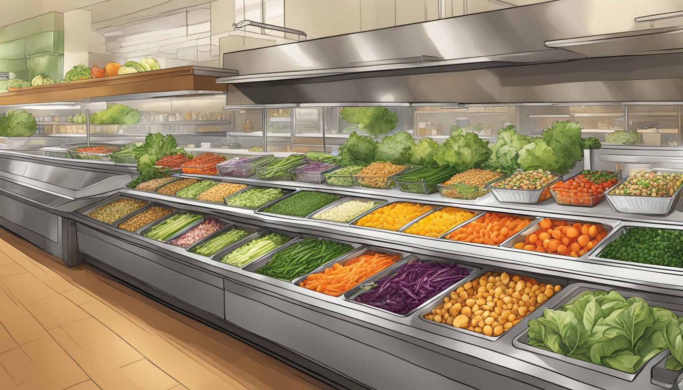 A colorful array of fresh salads, grilled vegetables, and lean proteins displayed in the Whole Foods hot bar