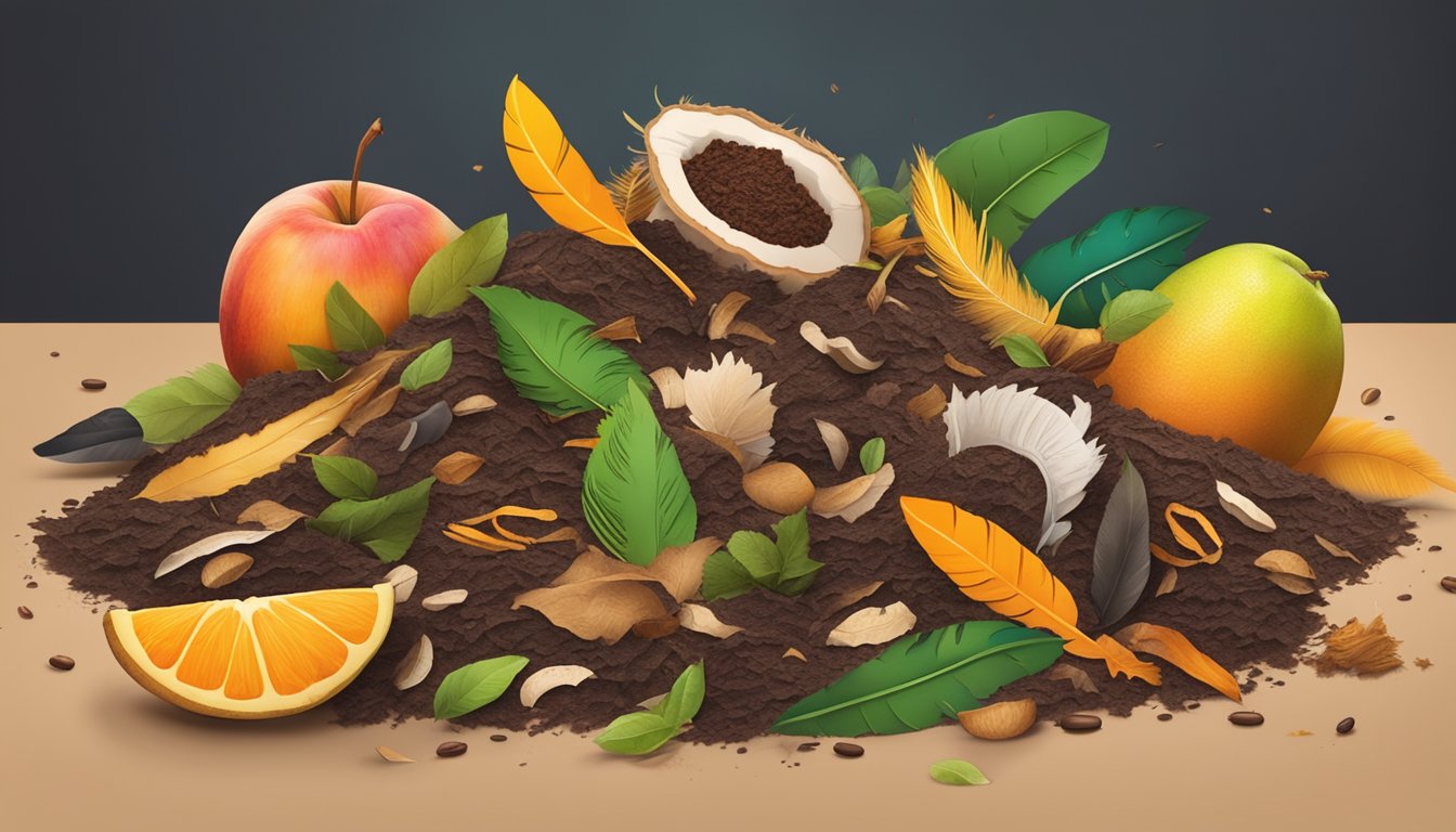 A pile of organic waste with feathers mixed in, surrounded by a variety of compostable materials like fruit peels, leaves, and coffee grounds