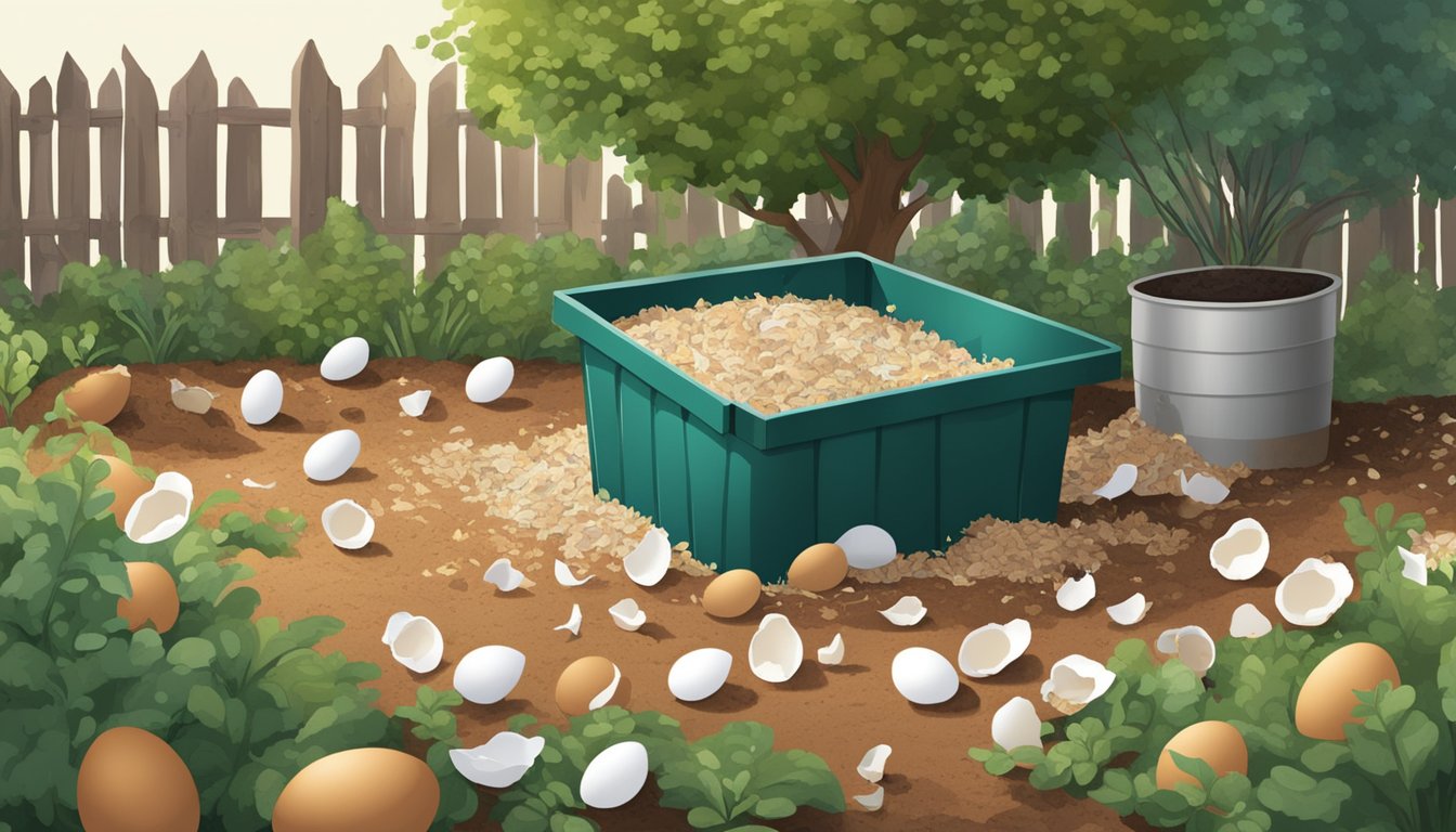 Eggshells scattered around a garden bed, with pests avoiding the area. A compost bin sits nearby, ready to receive the discarded shells