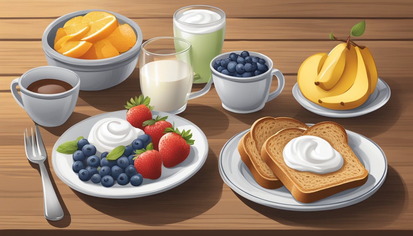 A table set with fresh fruit, yogurt, and whole grain toast at a Cracker Barrel breakfast. A menu with healthy options is displayed on the table