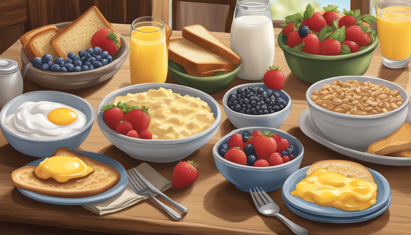 A table set with a variety of nutritious breakfast options at Cracker Barrel, including fresh fruit, whole grain toast, yogurt, and eggs