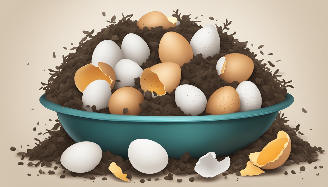 Eggshells and compost pile with a "no" symbol over a salmonella bacteria