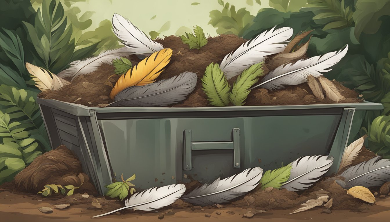 A pile of feathers and organic waste in a compost bin, surrounded by greenery and earthy tones