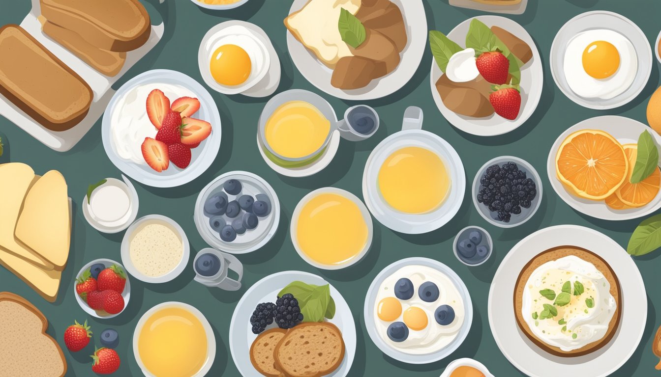 A table set with a variety of breakfast options, including fresh fruit, yogurt, whole grain bread, and eggs, with nutritional information displayed next to each item