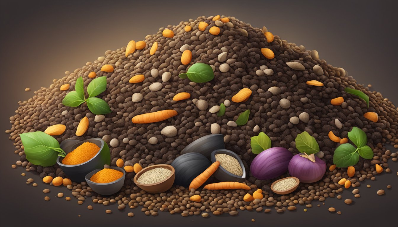 A pile of compost with various organic materials, including dried lentils, mixed together in a bin or heap