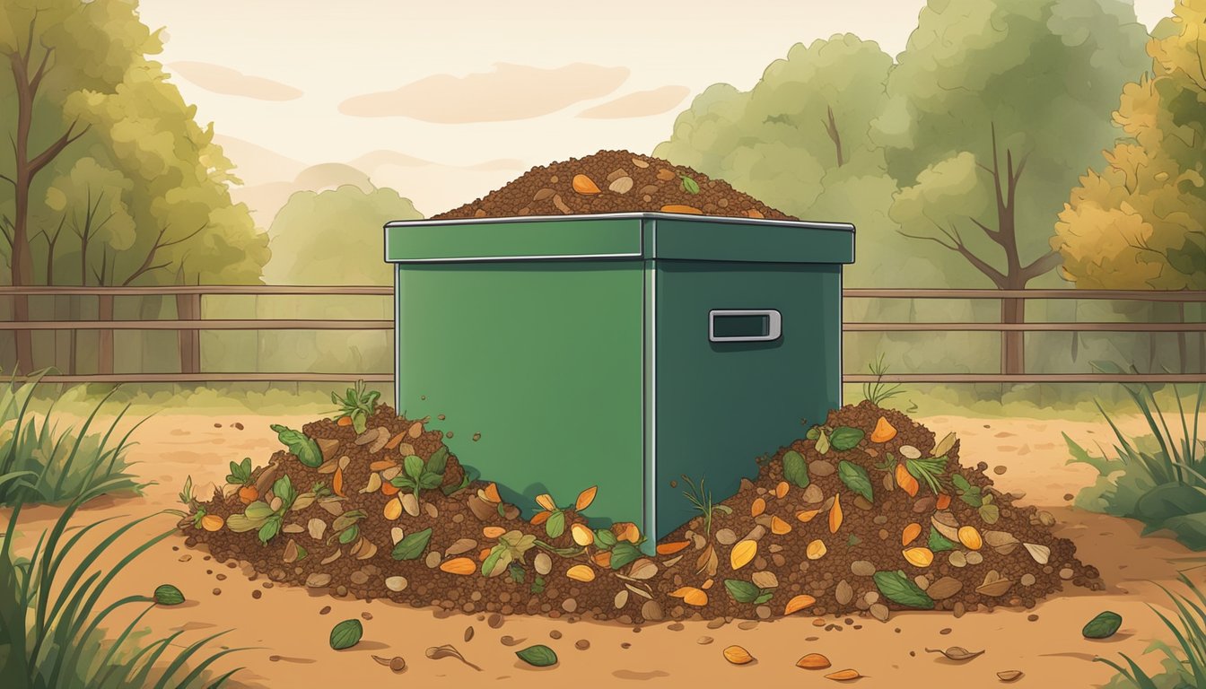 A compost bin filled with a mixture of dried leaves, vegetable scraps, and soil, with a pile of dried lentils on the side