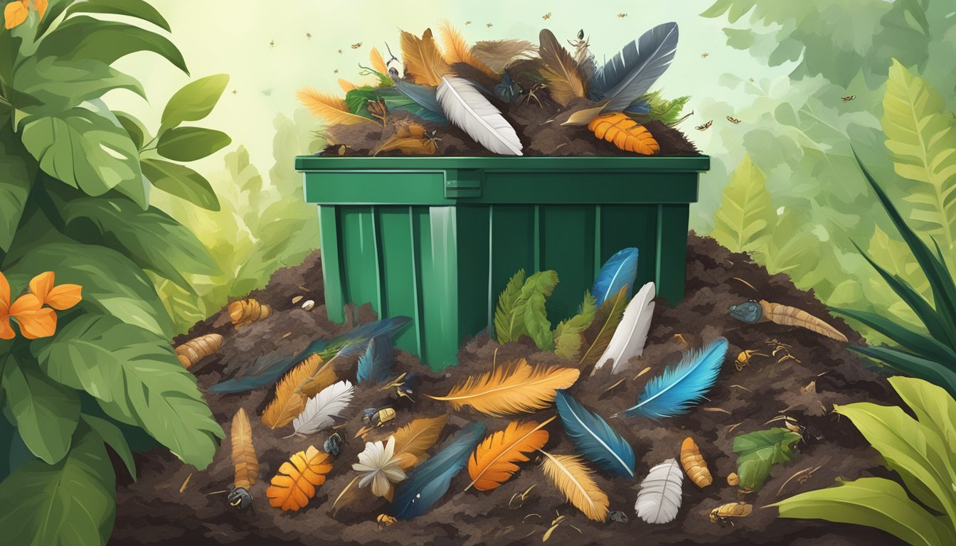 A pile of feathers and organic waste in a compost bin, surrounded by greenery and small insects