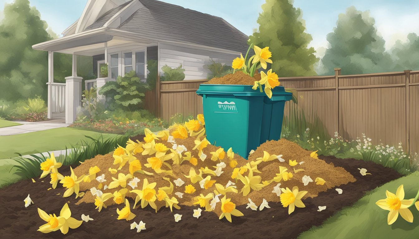 A pile of daffodils and other organic waste breaking down into rich compost in a backyard bin