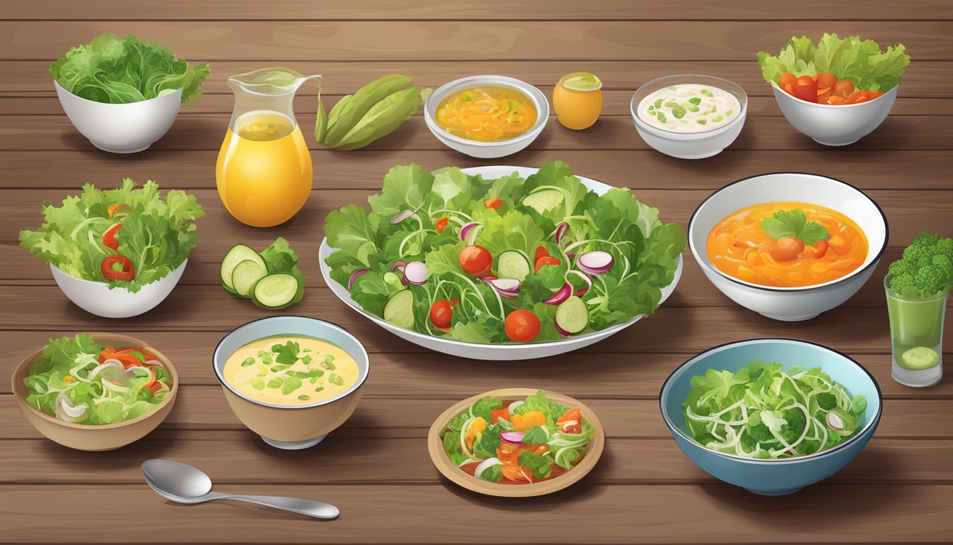 A colorful array of fresh salads and steaming bowls of soup on a wooden table