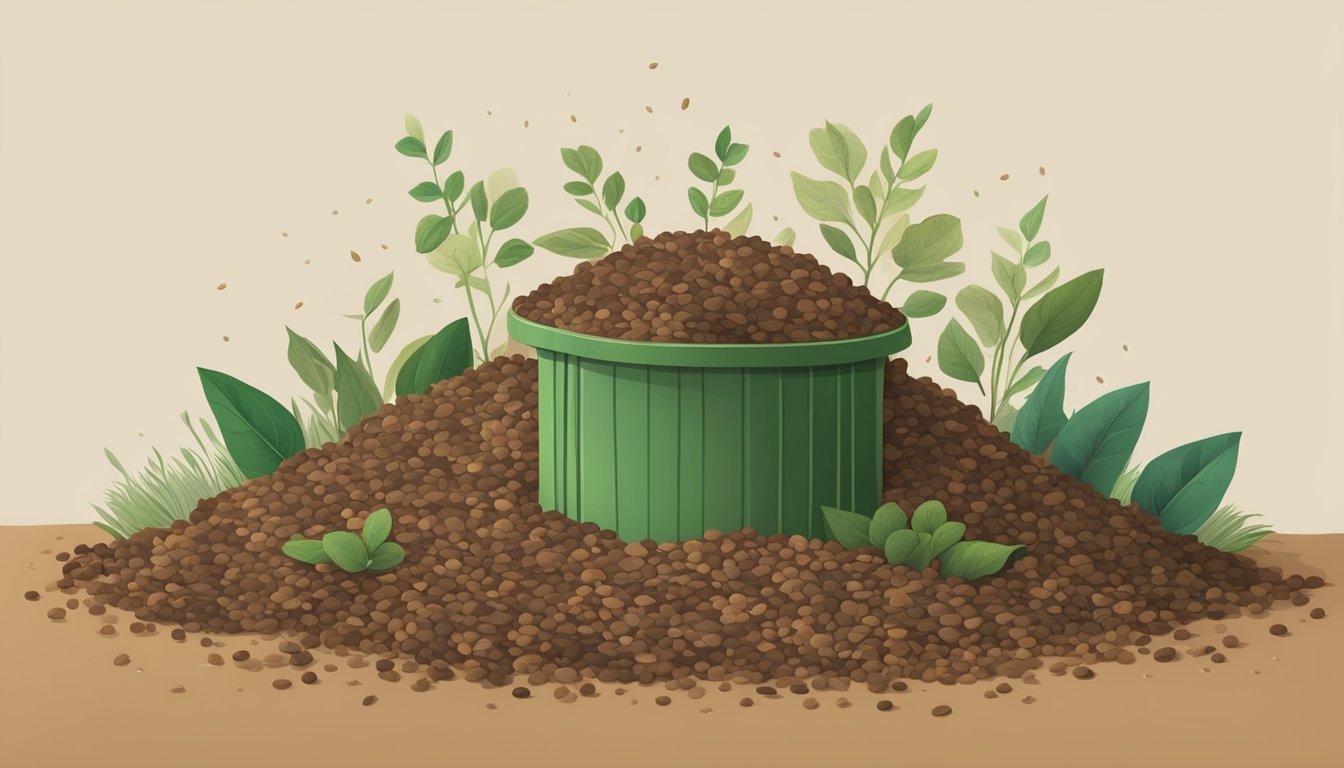 A pile of compostable materials, including dried lentils, decaying in a backyard compost bin. Green and brown organic matter mixed together