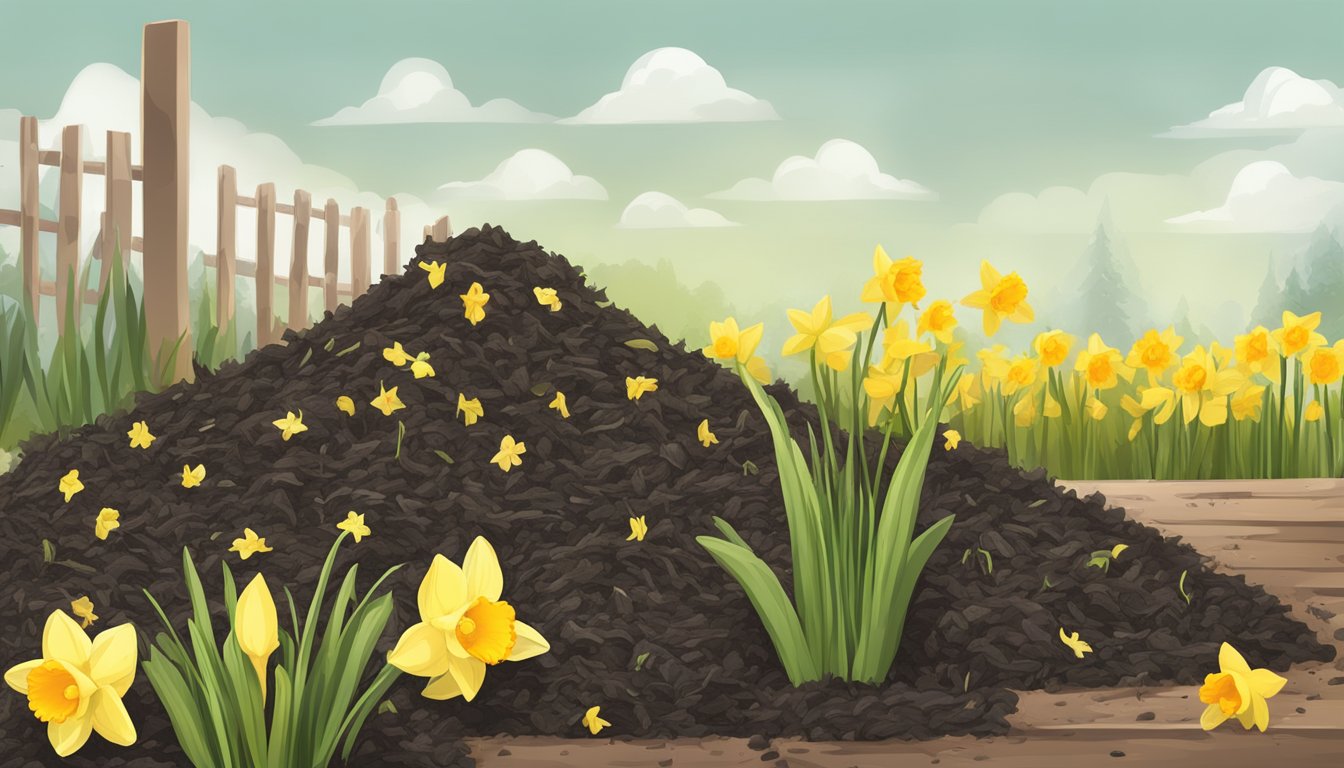 A compost pile with daffodil flowers and organic material