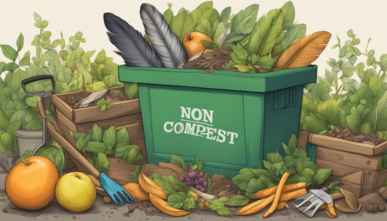 Feathers, leaves, and fruit peels pile up in a compost bin, surrounded by gardening tools and a small sign reading "Non-Traditional Compost Inputs."