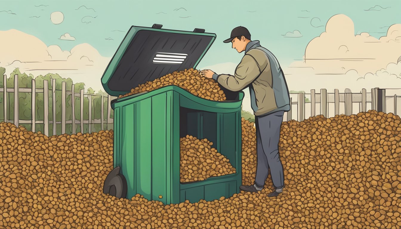 A person holding a dried lentil over a compost bin, contemplating whether to add it. The compost bin is surrounded by various types of organic waste