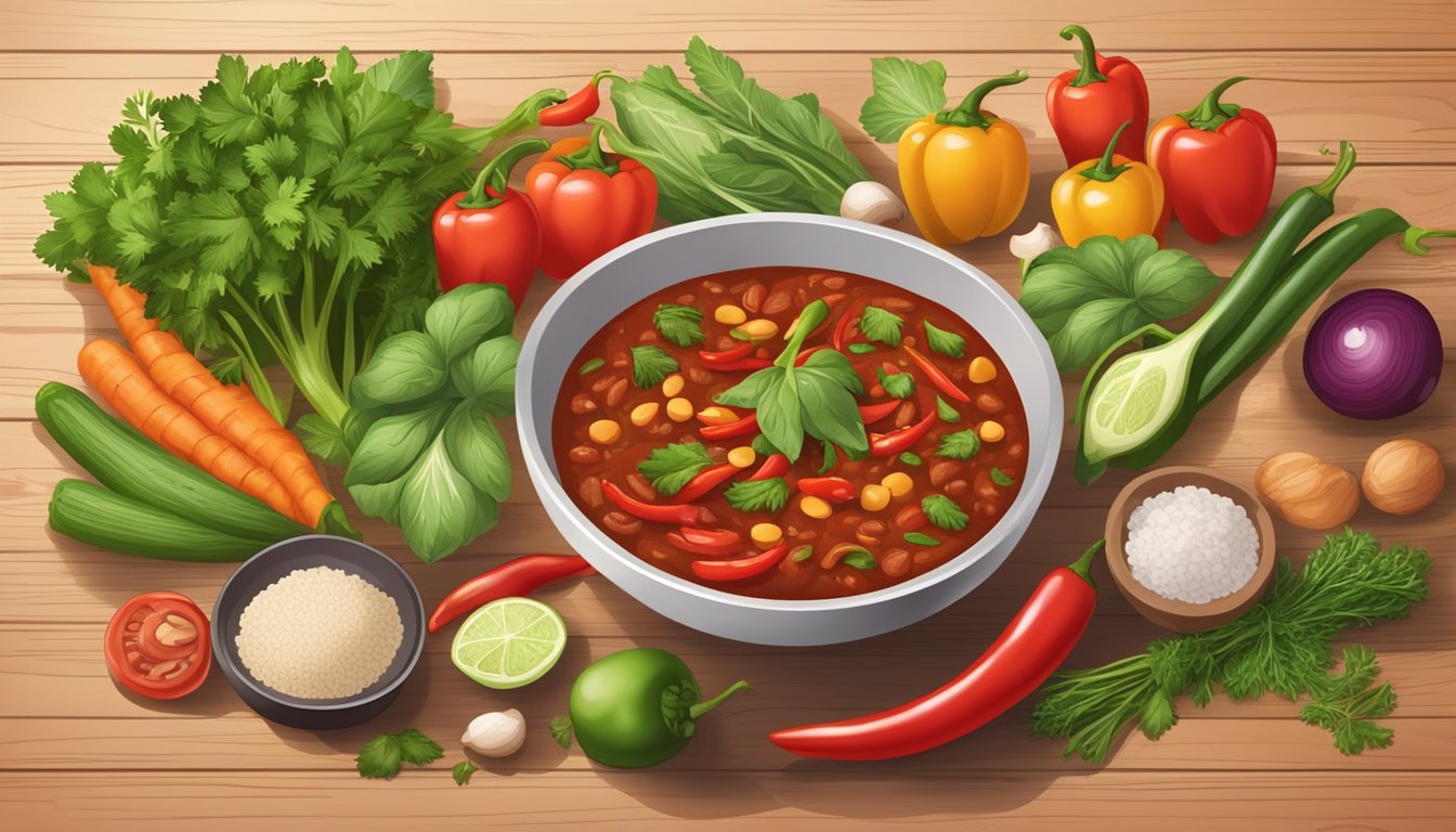 A bowl of lean proteins chili surrounded by fresh vegetables and herbs on a wooden table