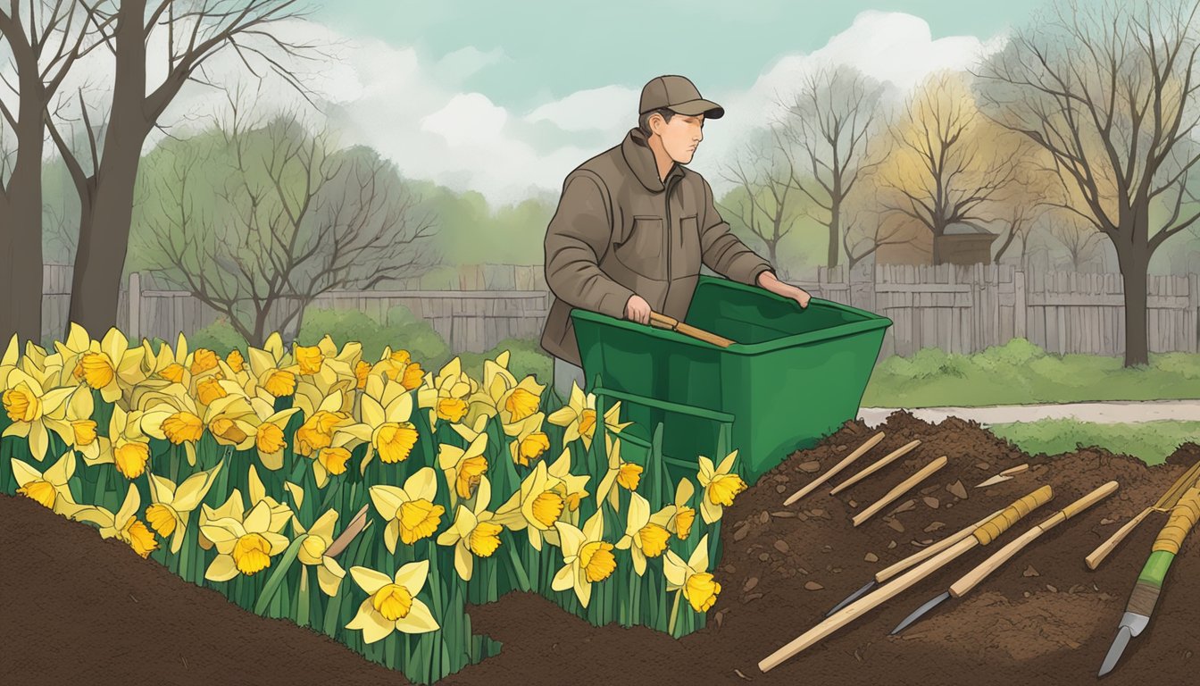 Daffodils being added to a compost pile with a mix of green and brown materials, being turned regularly with a pitchfork