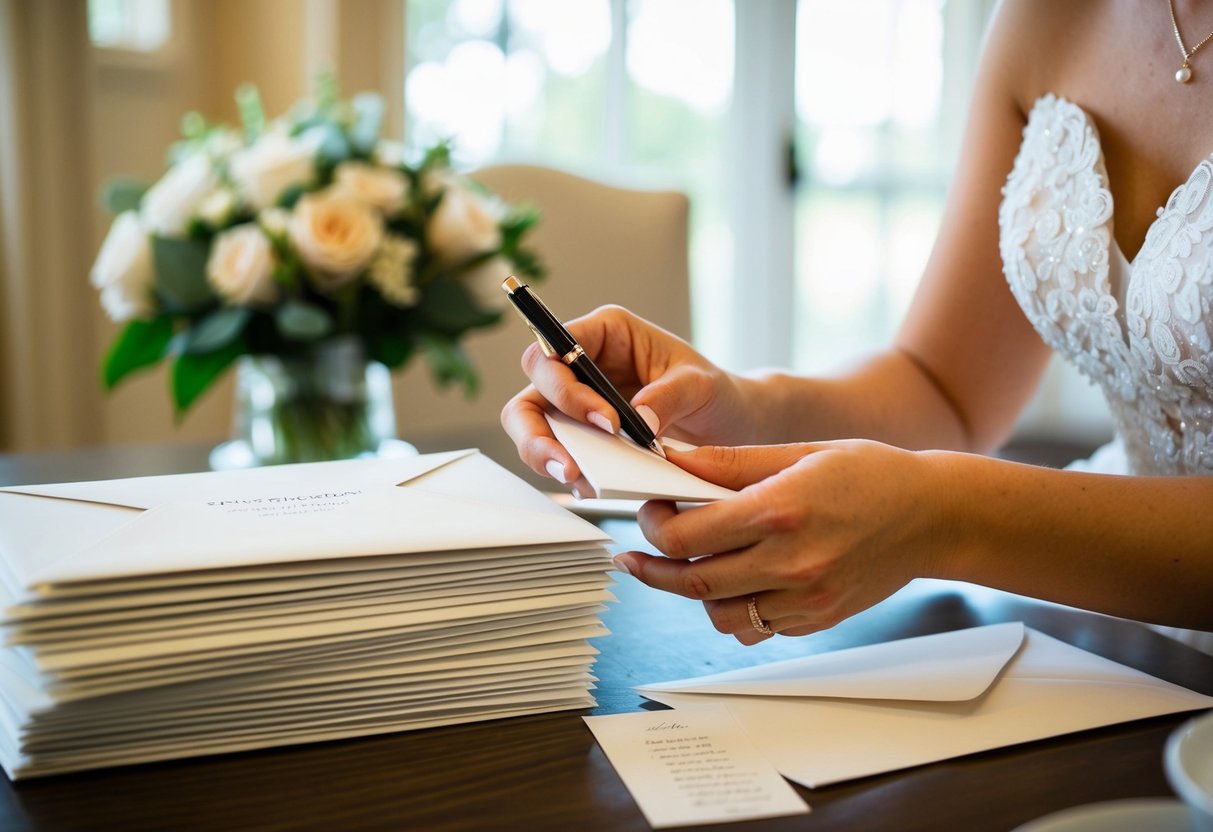 A bride placing a stack of envelopes on a table with a pen and a list of names