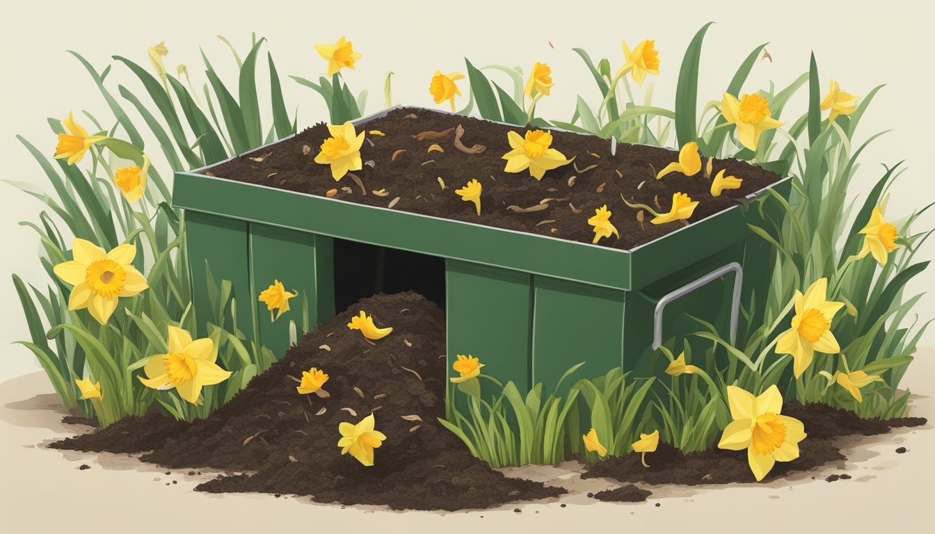 A compost bin with daffodil flowers and leaves surrounded by decomposing organic matter and earthworms