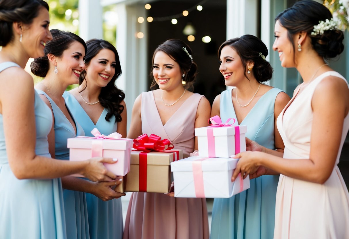 A group of bridesmaids exchanging gifts at a wedding shower, with wrapped presents and smiles