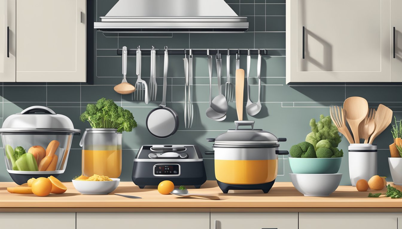 A modern kitchen with sleek, ergonomic cookware and utensils neatly organized on a countertop. A variety of healthy ingredients are displayed nearby