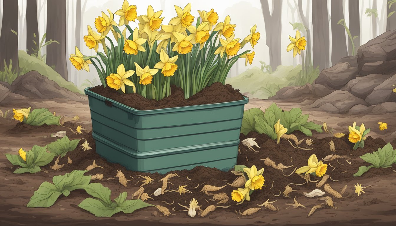 A pile of daffodil plant parts surrounded by a compost bin, with earthworms crawling through the decomposing organic matter