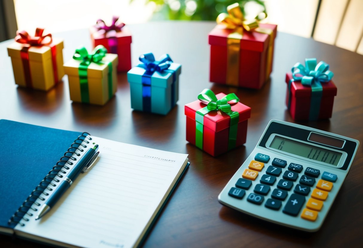 A table with a notebook, pen, and calculator. Various gift options spread out for consideration
