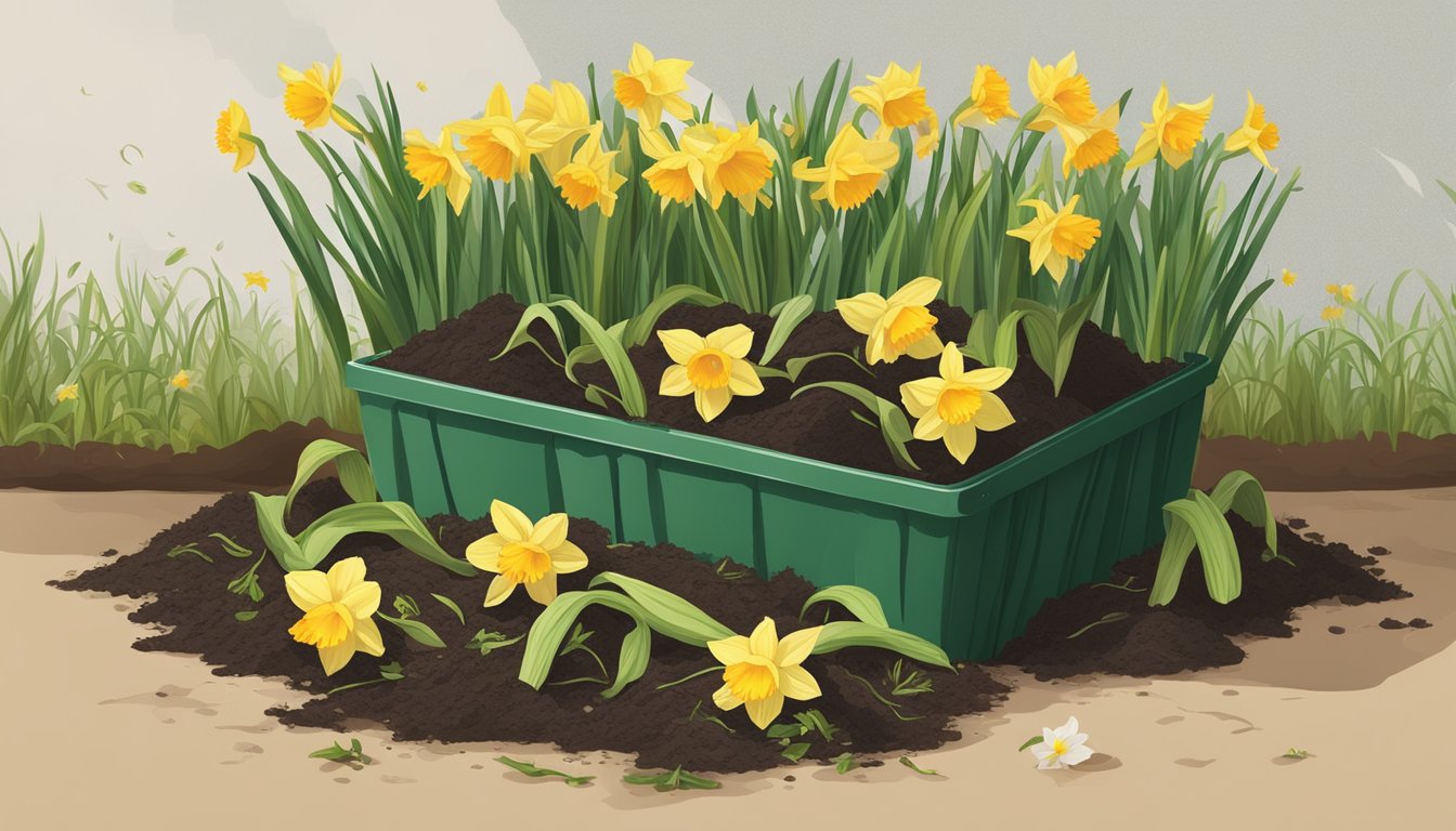 A pile of daffodils and other organic waste decomposing in a compost bin, surrounded by green plants and healthy soil