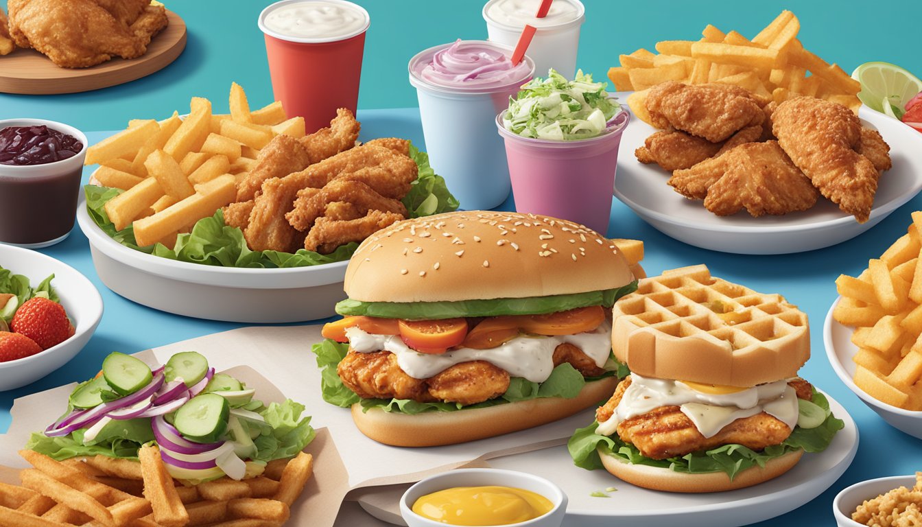 A colorful spread of grilled chicken, fresh salads, and fruit cups, alongside crispy waffle fries and a classic chicken sandwich from Chick-fil-A's healthy menu options