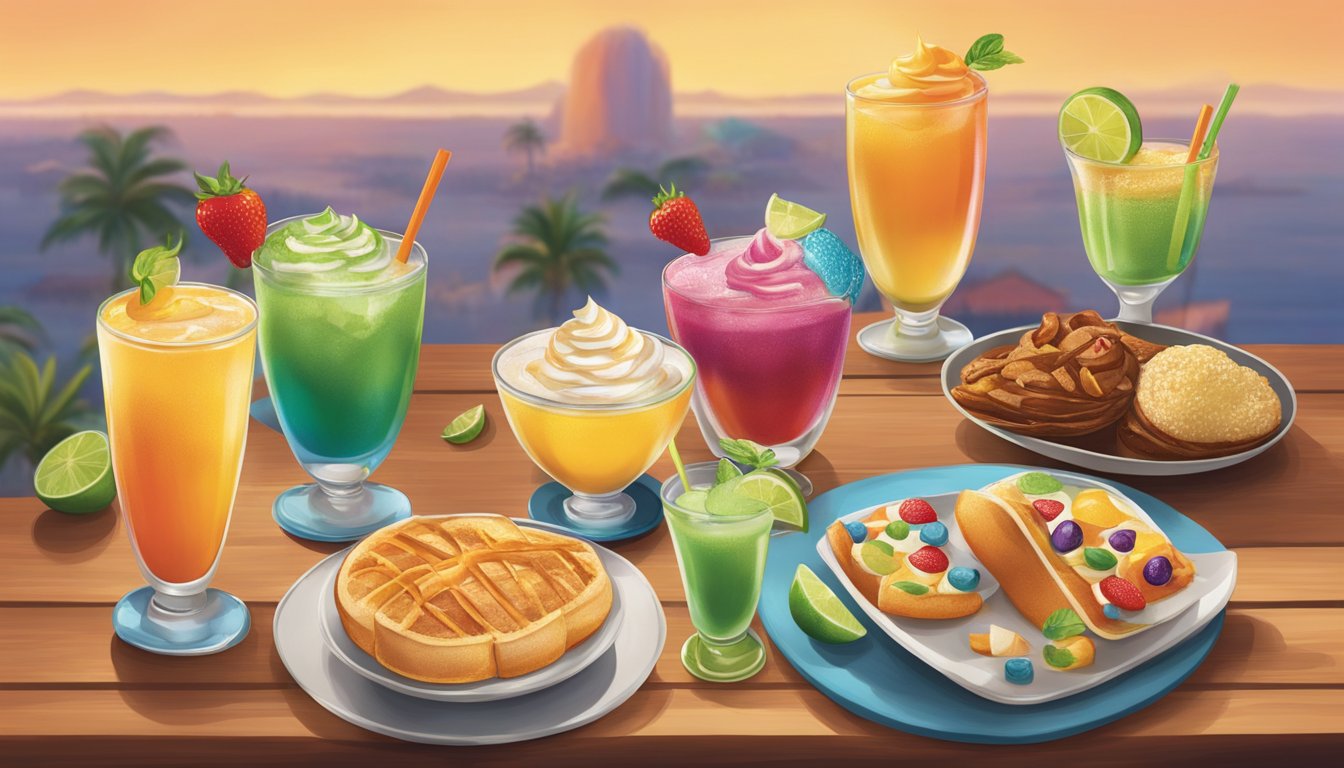 A table set with colorful beverages and healthy desserts from Chili's menu