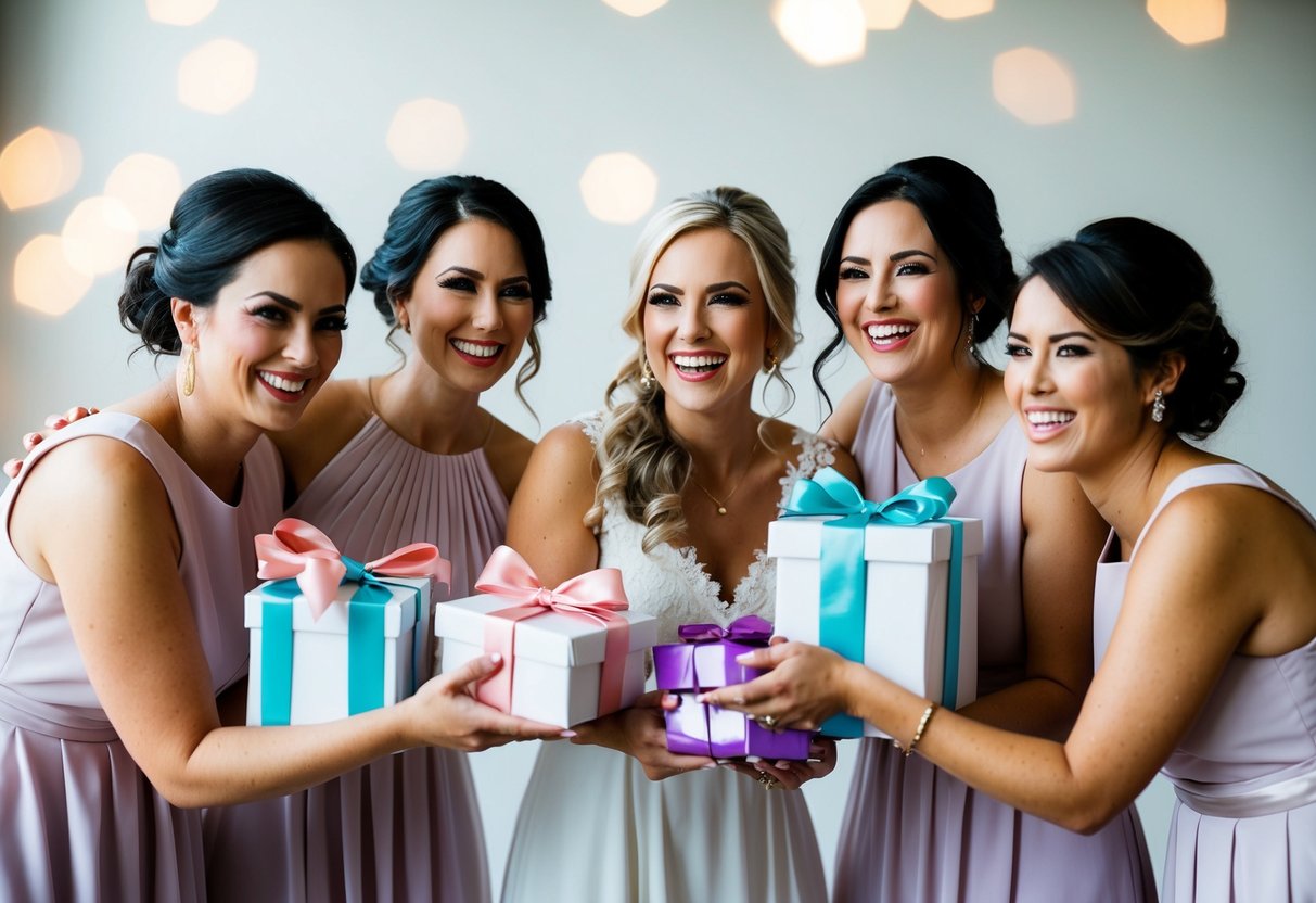 Bridesmaids receiving gifts, smiling and embracing